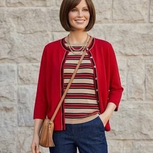 Vintage Talbott Tarafast 2 Pc Cardigan set Knit Sweater 3/4 Sleeves Red Tan 38